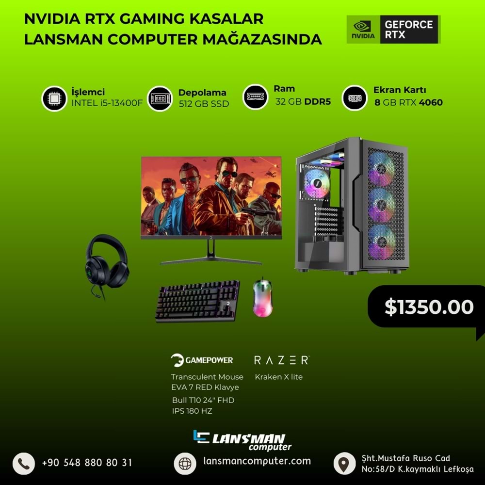 LANSMAN GAMING PC INTEL i5-13400F 32GB DDR5 RAM 8GB RTX4060 500GB SSD 650W CUBE 23.8 INCH 165HZ 1920X1080 FULL HD VA MONITOR KEYBOARD MOUSE MOUSEPAD HEADSET