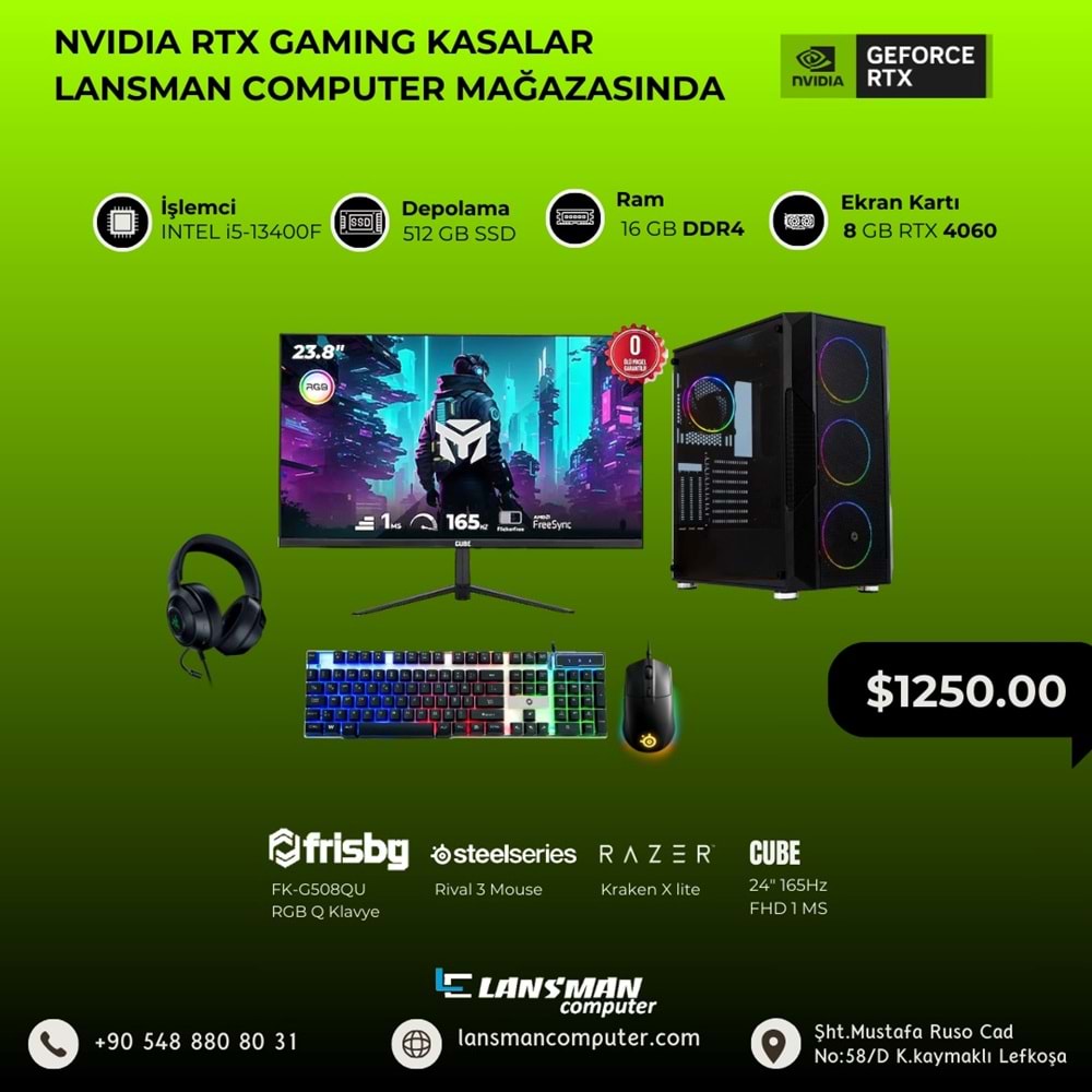 LANSMAN GAMING PC INTEL i5-13400F 16GB DDR4 RAM 8GB RTX4060 500GB SSD 650W CUBE 23.8 INCH 165HZ 1920X1080 FULL HD VA MONITOR KEYBOARD MOUSE MOUSEPAD HEADSE