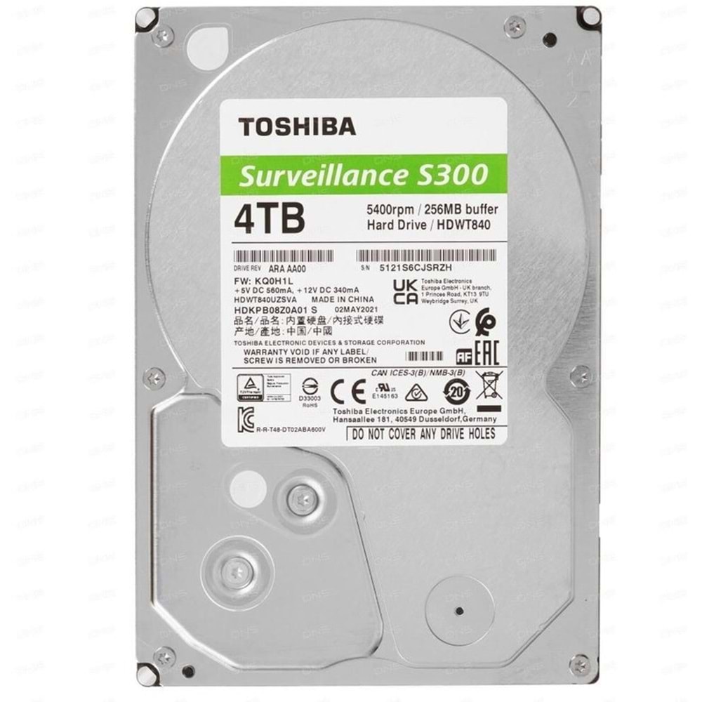 TOSHIBA 3.5Inch S300 4 TB 256MB 5400RPM HDWT840UZSVA