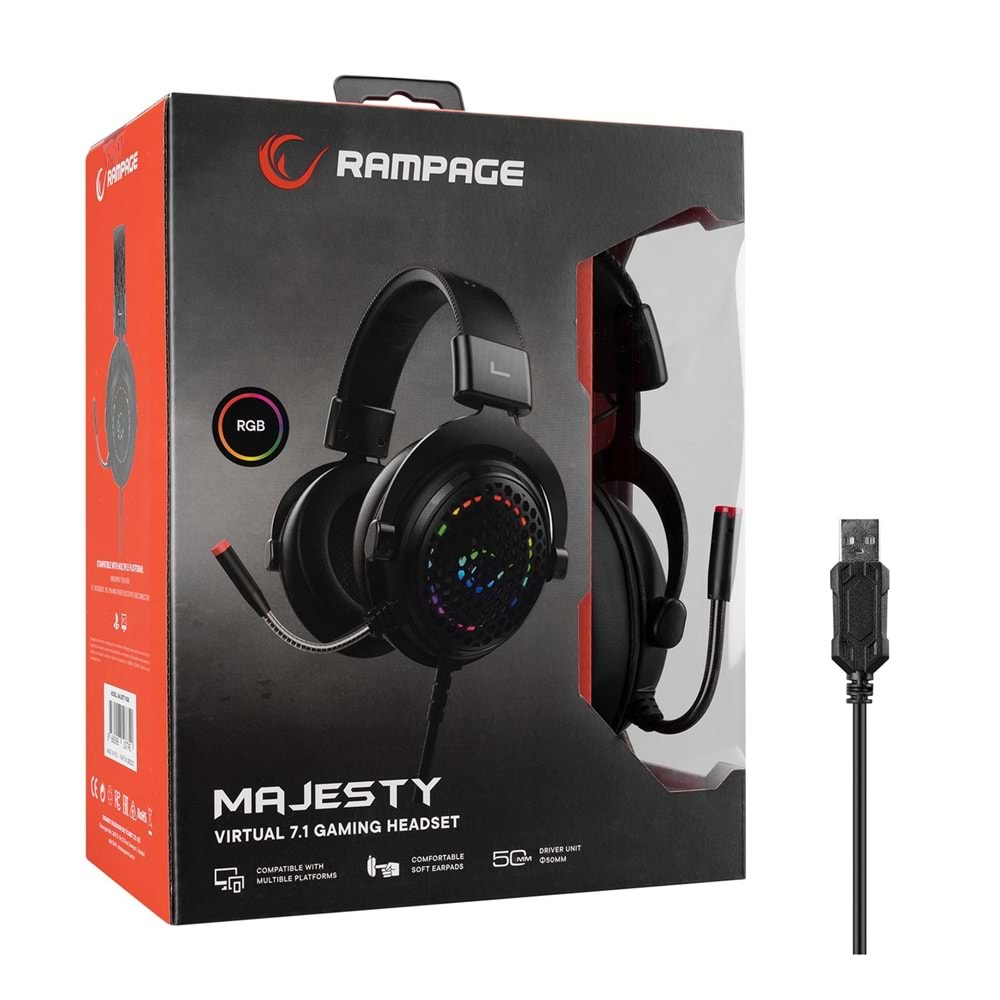 RAMPAGE MAJESTY SIYAH RGB LED 7.1 SURROUND SOUND SYSTEM GAMING MIK OYUNCU KULAKLIĞI