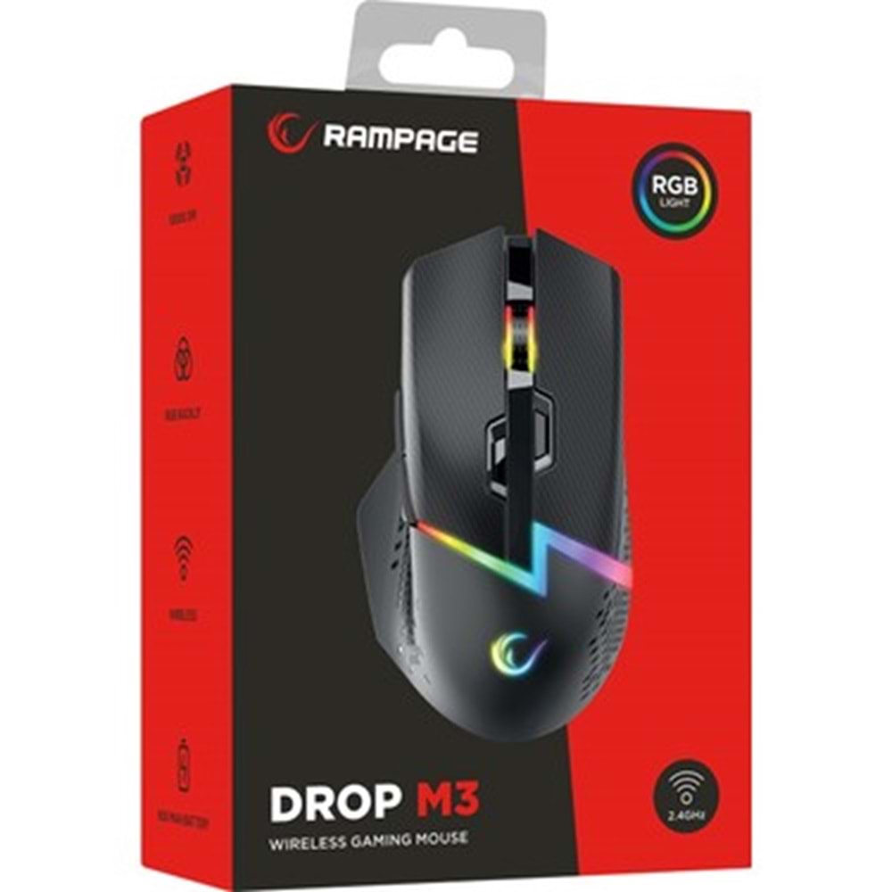 RAMPAGE DROP M3 V2 KABLOSUZ 24000 DPI SIYAH RGB SARJLI GAMING MOUSE