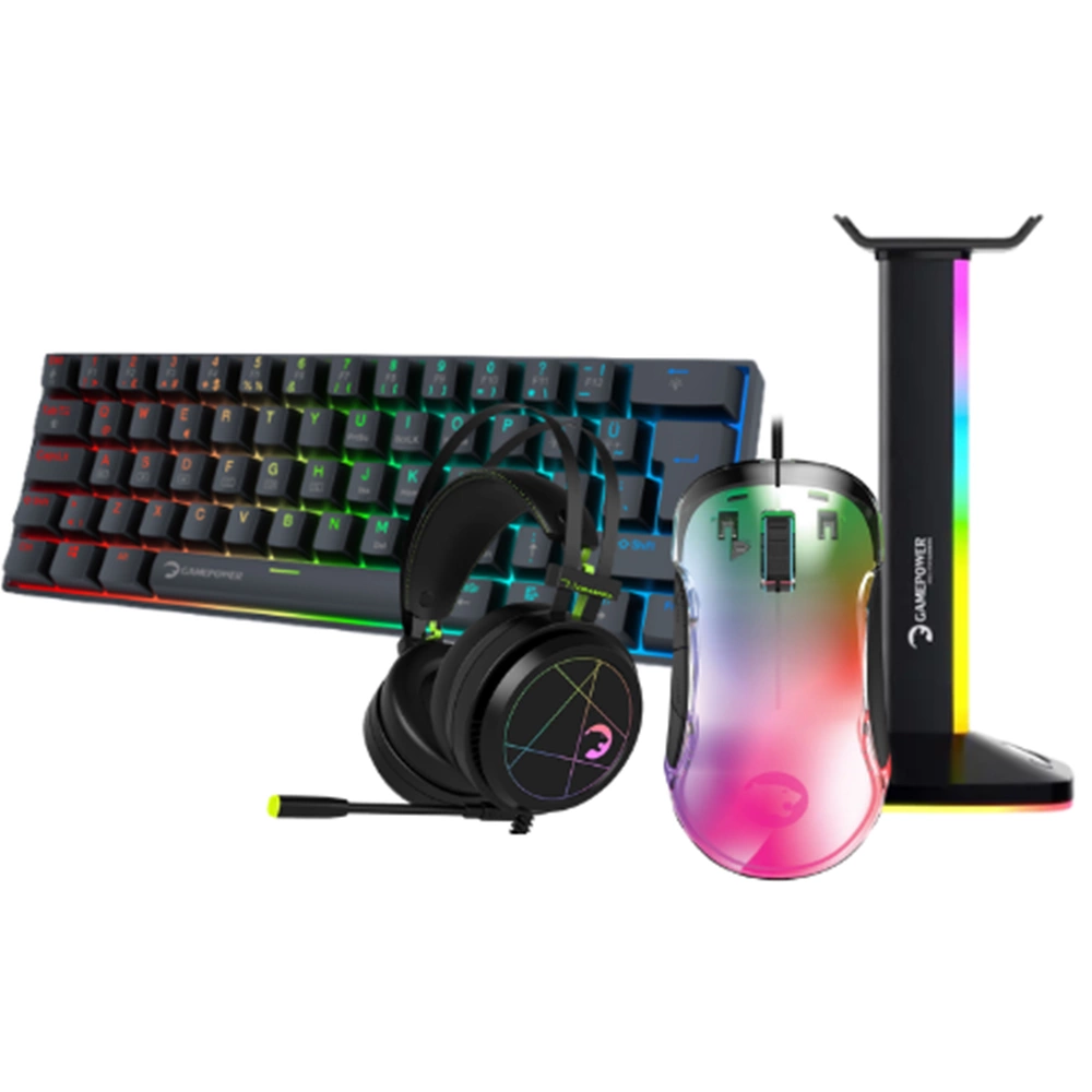 GAMEPOWER SET BUNDLE LYRA 60M KLAVYE TRANSLUCENT 10000 DPI MOUSE MEDUSA 7.1 KULAKLIK ELITERACK STAND